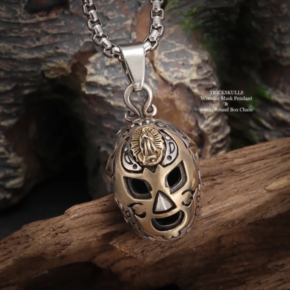 Wrestler Wrestling Mask Silver & Gold Pendant 60cm Stainless Round Box Chain - Picture 3 of 8
